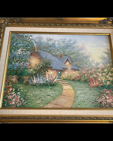 Vintage Signed Oil painting C Jaffey Summer cottage gold gilt wood frame