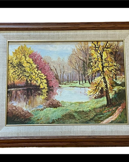 Vintage wood framed signed landscape oil painting