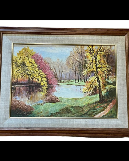 Vintage wood framed signed landscape oil painting