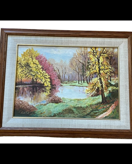 Vintage wood framed signed landscape oil painting