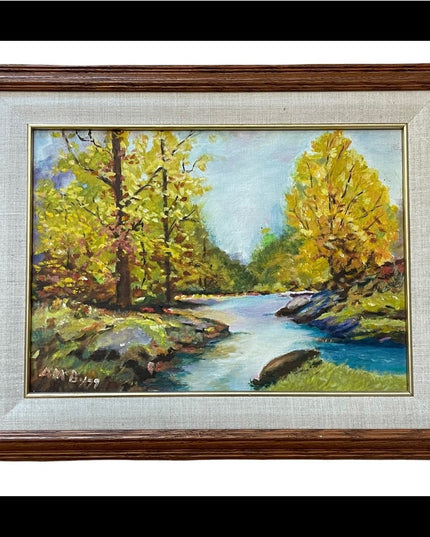 Vintage signed landscape oil painting wood frame
