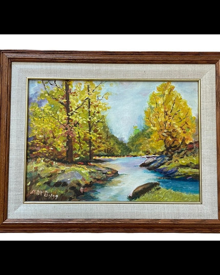 Vintage signed landscape oil painting wood frame