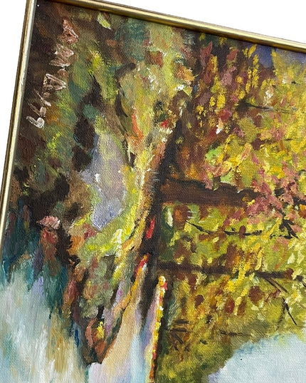 Vintage signed landscape oil painting wood frame