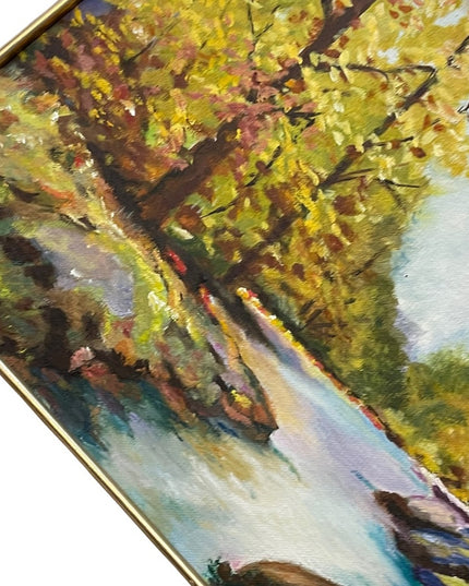 Vintage signed landscape oil painting wood frame