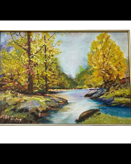 Vintage signed landscape oil painting wood frame