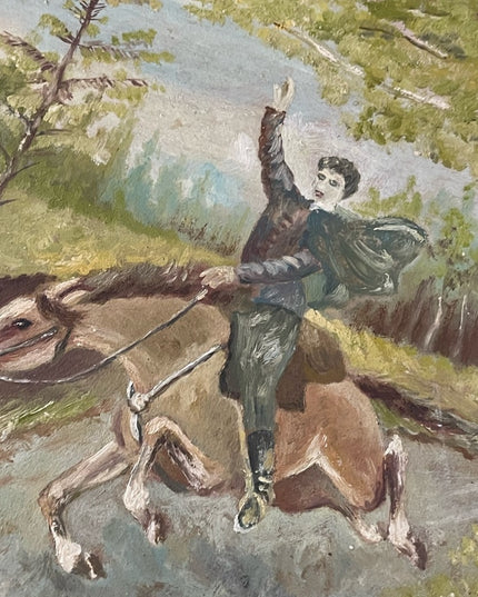 Vintage Signed oil painting Man on horse gold gilt ornate wood frame