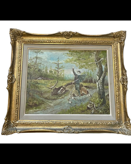 Vintage Signed oil painting Man on horse gold gilt ornate wood frame