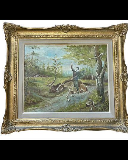 Vintage Signed oil painting Man on horse gold gilt ornate wood frame