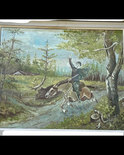 Vintage Signed oil painting Man on horse gold gilt ornate wood frame