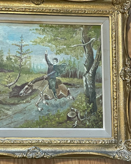 Vintage Signed oil painting Man on horse gold gilt ornate wood frame