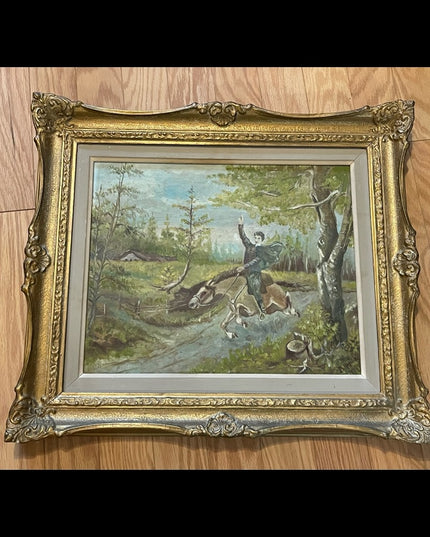 Vintage Signed oil painting Man on horse gold gilt ornate wood frame