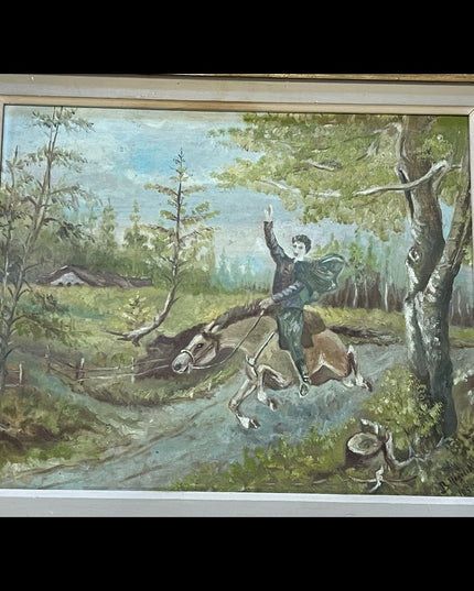 Vintage Signed oil painting Man on horse gold gilt ornate wood frame