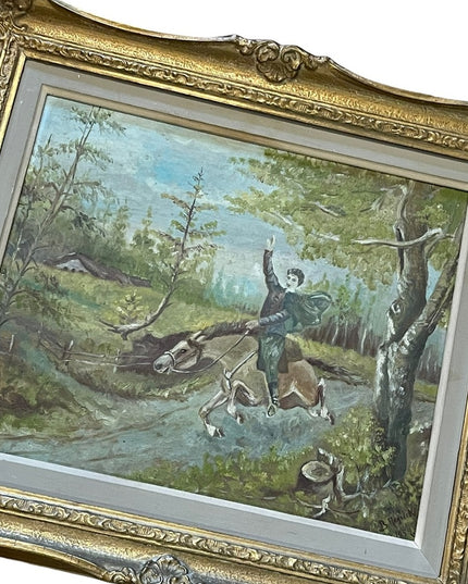 Vintage Signed oil painting Man on horse gold gilt ornate wood frame