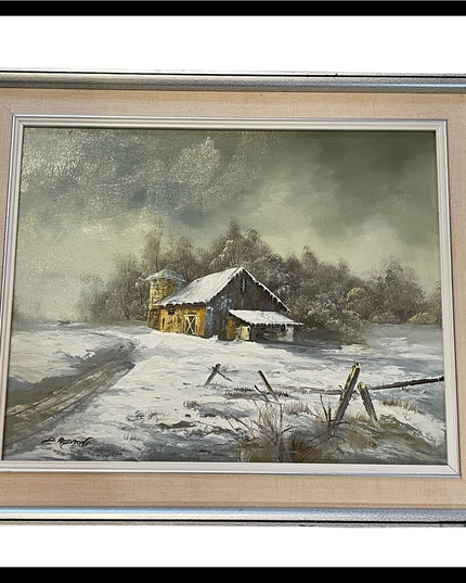 Vintage signed landscape painting oil on board farm house
