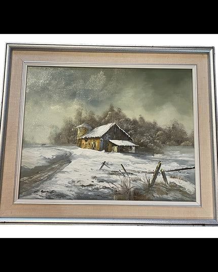 Vintage signed landscape painting oil on board farm house