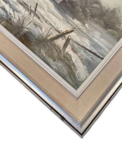 Vintage signed landscape painting oil on board farm house