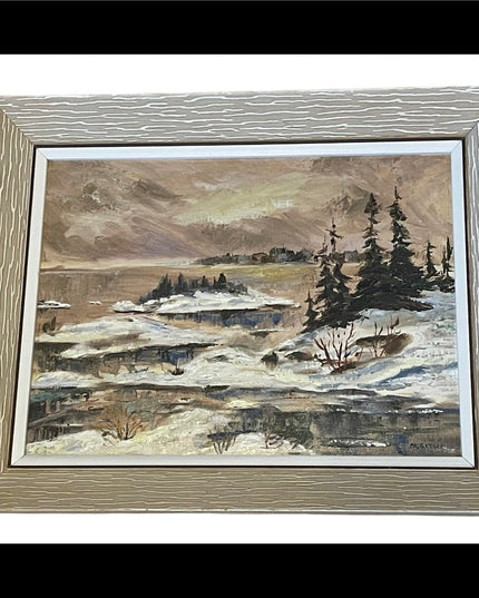 Vintage River water winter landscape signed oil painting on board wood frame