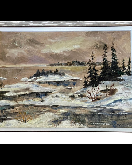 Vintage River water winter landscape signed oil painting on board wood frame