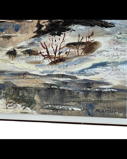 Vintage River water winter landscape signed oil painting on board wood frame