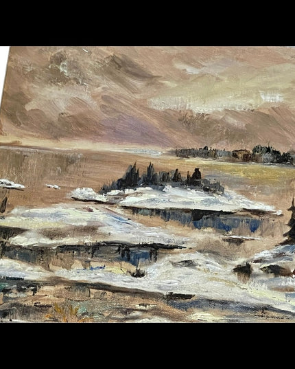 Vintage River water winter landscape signed oil painting on board wood frame