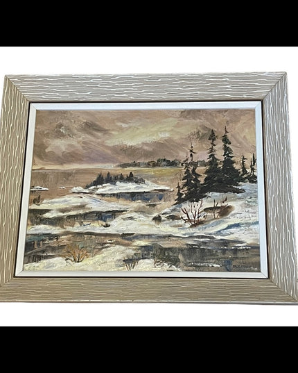Vintage River water winter landscape signed oil painting on board wood frame