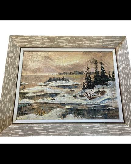 Vintage River water winter landscape signed oil painting on board wood frame