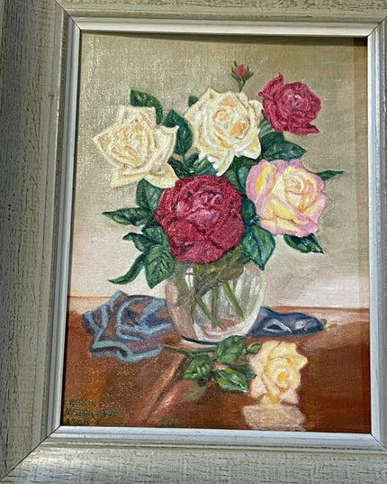 Vintage signed oil painting on board wood frame roses