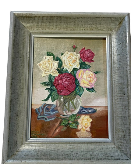 Vintage signed oil painting on board wood frame roses