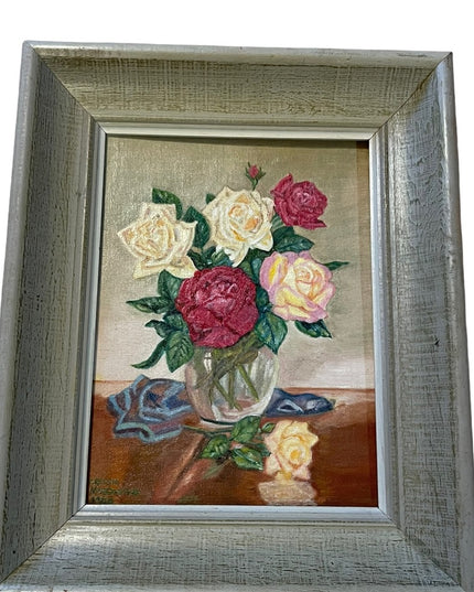 Vintage signed oil painting on board wood frame roses