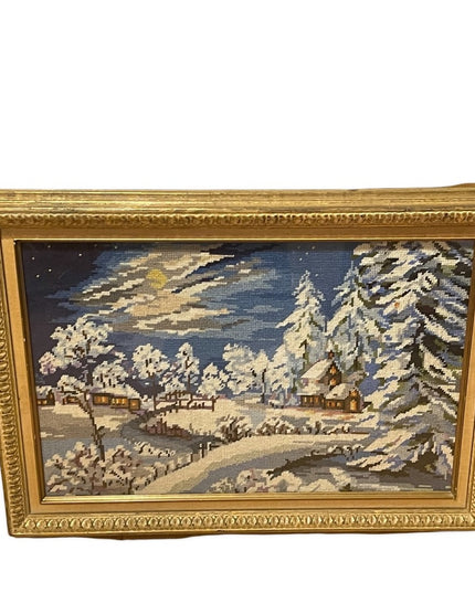 Vintage gold gilt  heavy framed needlepoint winter snow scene picture