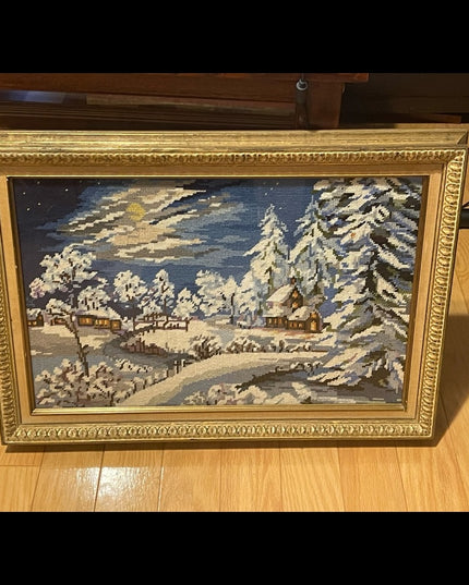 Vintage gold gilt  heavy framed needlepoint winter snow scene picture