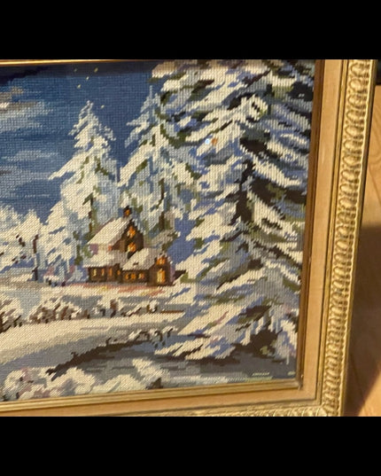 Vintage gold gilt  heavy framed needlepoint winter snow scene picture
