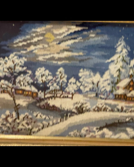 Vintage gold gilt  heavy framed needlepoint winter snow scene picture