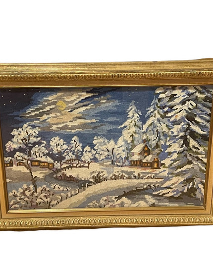 Vintage gold gilt  heavy framed needlepoint winter snow scene picture