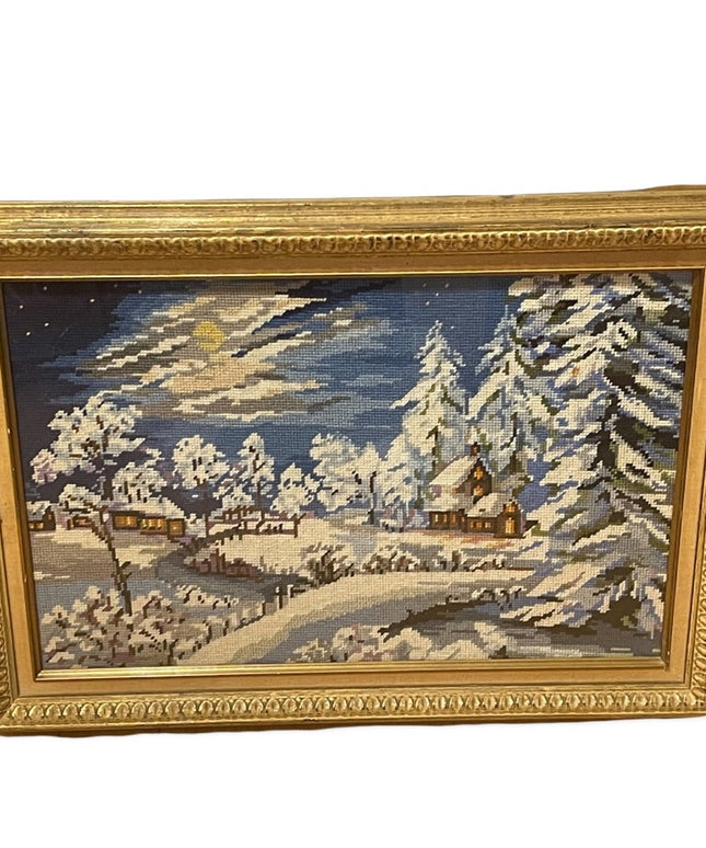 Vintage gold gilt  heavy framed needlepoint winter snow scene picture