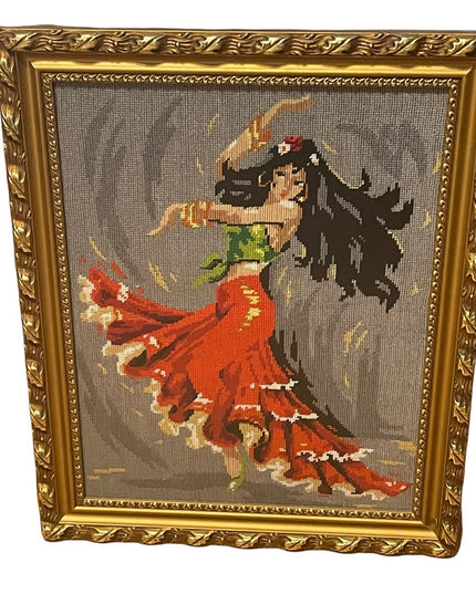 Vintage Mid Century Spanish Flamenco dancer framed needlepoint picture