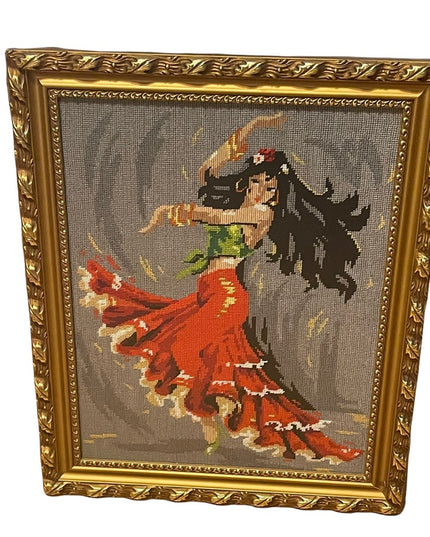 Vintage Mid Century Spanish Flamenco dancer framed needlepoint picture