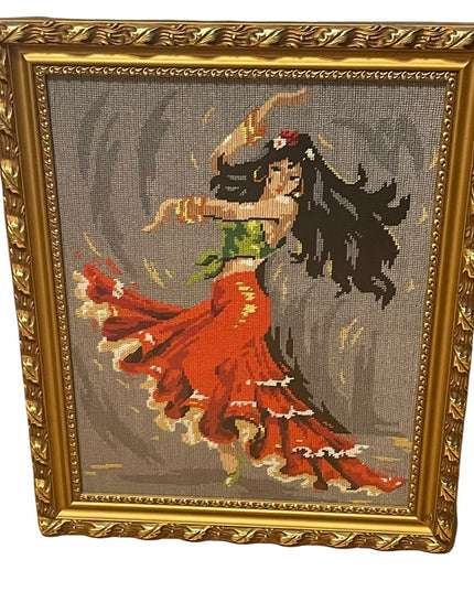Vintage Mid Century Spanish Flamenco dancer framed needlepoint picture
