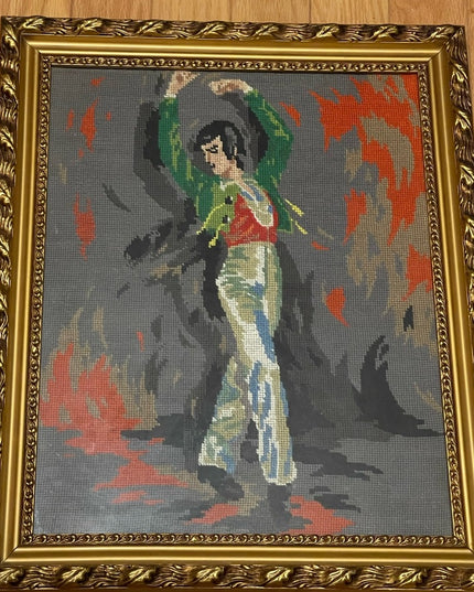 Vintage Mid Century Spanish Flamenco dancer framed needlepoint picture Male