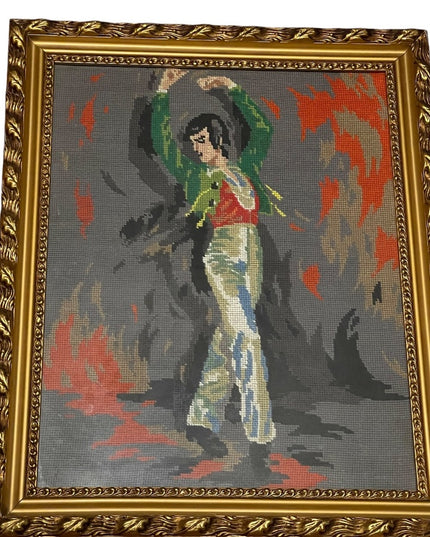 Vintage Mid Century Spanish Flamenco dancer framed needlepoint picture Male