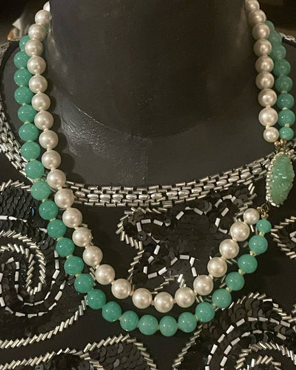 Vintage faux pearls and green glass fancy 2 strand necklace