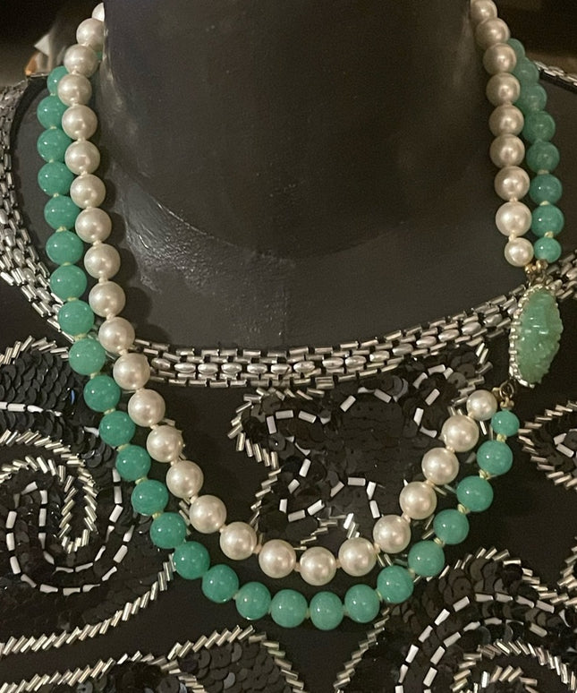 Vintage faux pearls and green glass fancy 2 strand necklace