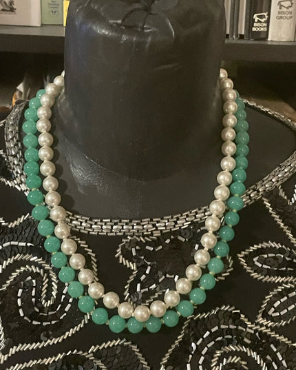 Vintage faux pearls and green glass fancy 2 strand necklace