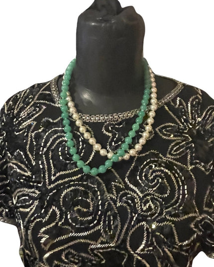 Vintage faux pearls and green glass fancy 2 strand necklace