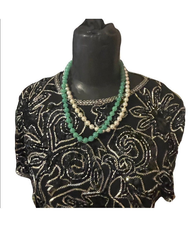 Vintage faux pearls and green glass fancy 2 strand necklace
