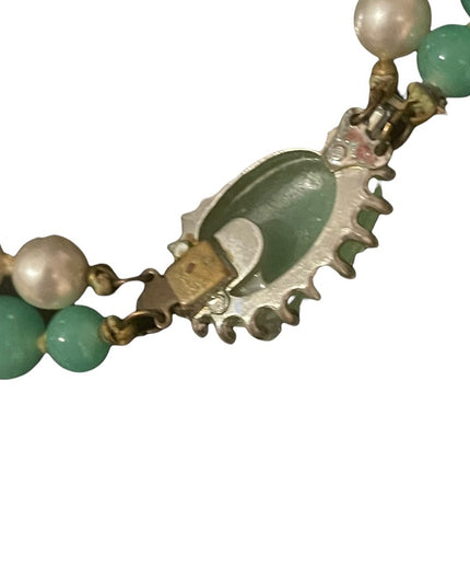 Vintage faux pearls and green glass fancy 2 strand necklace