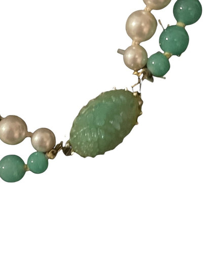 Vintage faux pearls and green glass fancy 2 strand necklace
