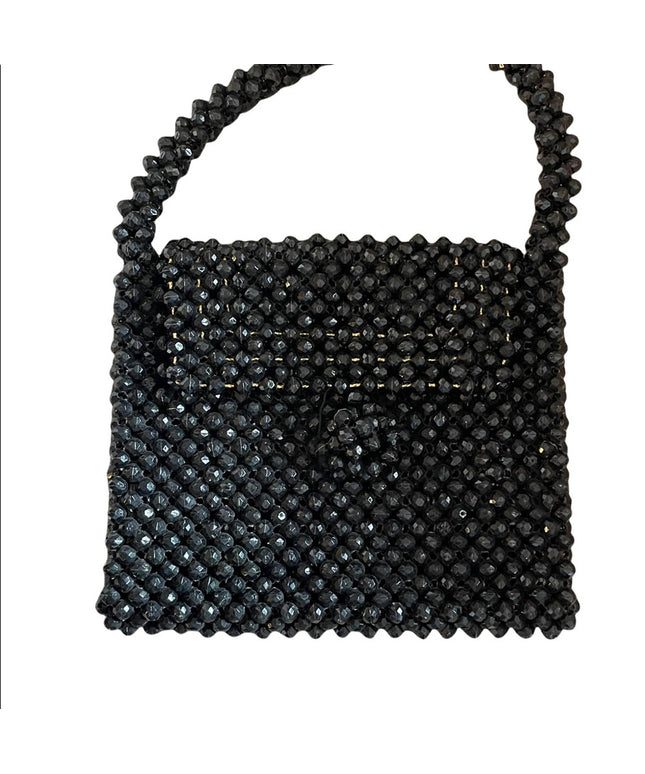 Vintage 1970s black plastic bead small bag so cute!