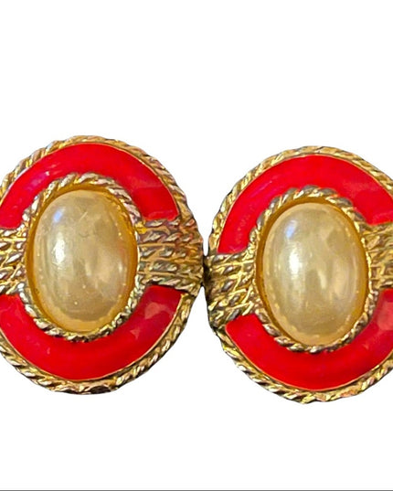 Vintage gold tone red enamel faux pearl earrings pierced