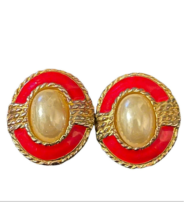 Vintage gold tone red enamel faux pearl earrings pierced